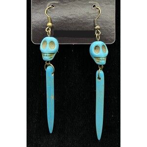 Handmade Turquoise Blue Skull & Spike Bead Bronze Tone Earrings by Neanie-Bot